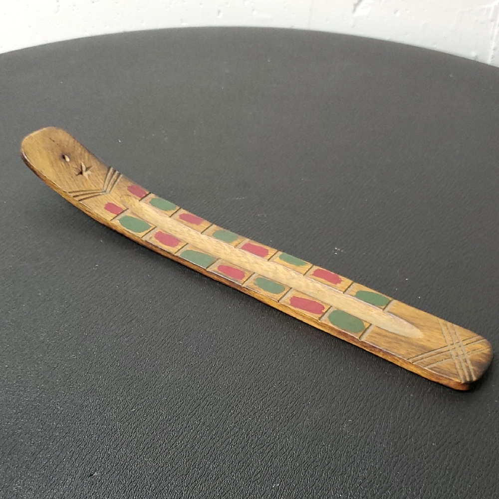 Vintage Native American Wooden Decorative Stick with Red and Green Accents